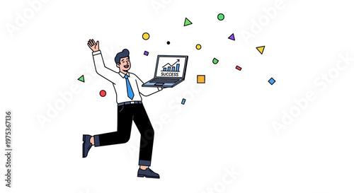 Businessman celebrating success with laptop, colorful shapes floating around, joyful office worker