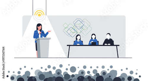 Businesswoman presenting, conference speakers, panel discussion, meeting illustration, corporate event