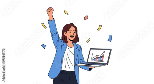 Businesswoman celebrating success with laptop, joyful office worker, happy employee with computer, colorful confetti