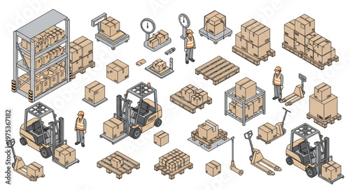 Isometric warehouse forklifts pallets boxes and workers set.