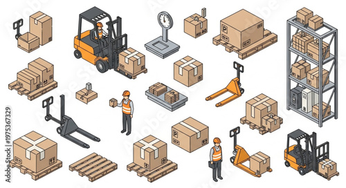 Isometric Warehouse Logistics Equipment Forklift Pallet Boxes.