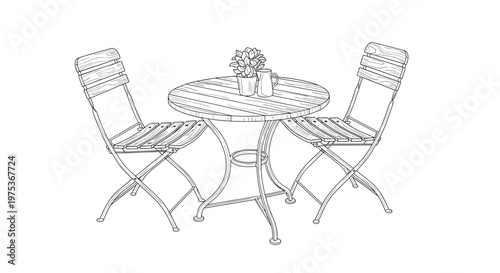 Delicate black and white line art of a round slatted garden table and two matching folding chairs on a white field.
