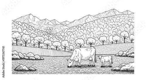 Peaceful rural landscape engraving of a mother cow and her calf grazing in a field with mountains in the distance.