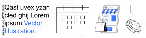 E-commerce, financial planning, online shopping, scheduling, digital transactions, mobile payments. Calendar and smartphone storefront with shopping bags and a coin. E-commerce and financial planning