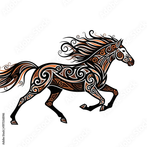 Ornate horse galloping with flowing mane and intricate patterns