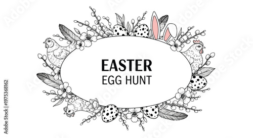Decorative oval Easter frame featuring traditional symbols like chickens and eggs and pussy willow branches in bloom.