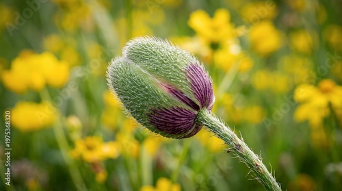 Green Poppy Bud Closeup in Spring Garden