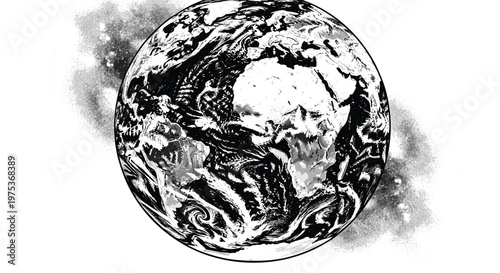 High contrast black and white artistic representation of planet Earth from space showing continents and clouds.