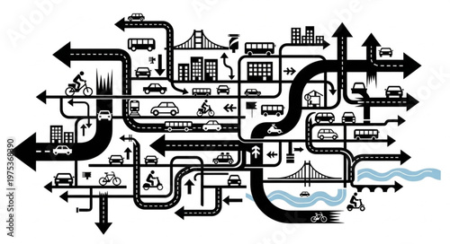 Complex Urban Traffic Flow and Transportation Network Illustration.
