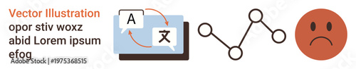 Language services, communication, emotions, human connection, learning tools, and technology. A language translation icon, connected nodes and a sad face. Language services and communication concept