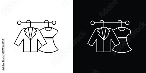 Single icon of elegant jacket and dress on hangers, fashion display, retail, wardrobe choice, style, and apparel presentation