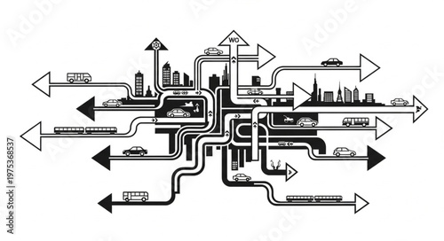 Complex Urban Transportation Network with Arrows and City Silhouettes.