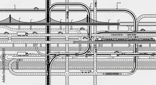Complex Urban Transportation Network with Bridges and Trains.
