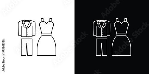 Elegant outline icons depicting a stylish men's suit with jacket and pants alongside a women's dress, perfect for fashion, retail, and event design