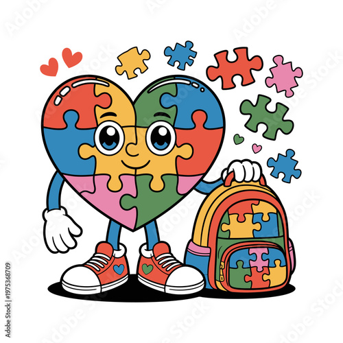 Cute Autism Puzzle Heart Character with Backpack Cartoon Illustration