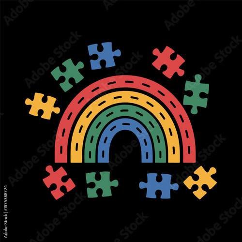 Autism Awareness Rainbow with Colorful Puzzle Pieces Illustration