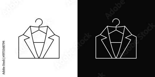 Single icon of minimalist geometric outline of a sophisticated business suit jacket on a clothes hanger, representing tailoring, fashion, and formal wear services