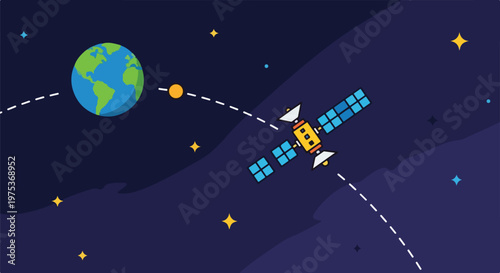 A cartoon-style illustration showing Earth, stars and a satellite in space