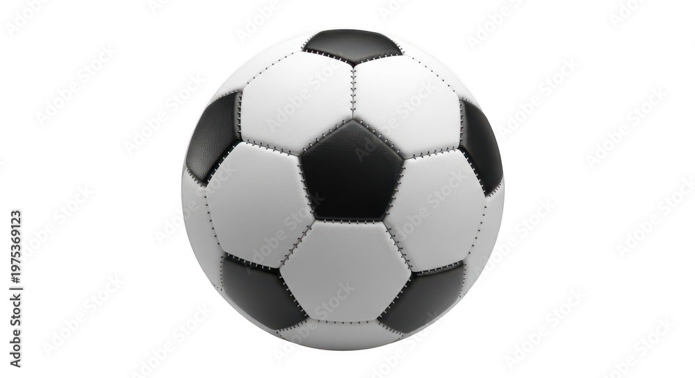 Fototapeta premium A smiling football with black pentagonal patches on a white background isolated on transparent background, isolated on white background