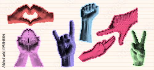 Set of halftone hand gestures, various signs and symbols, pop art style, vibrant colors, retro design elements, vector illustration