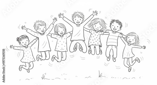 Diverse group of happy children jumping joyfully together.