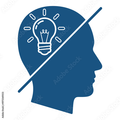 Blue human head silhouette with light bulb idea concept  no thinking  creative mind icon