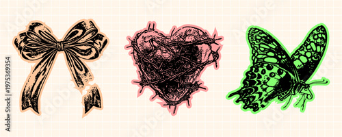 Foto Set of three trendy stickers featuring a black ink illustration of a ribbon bow,