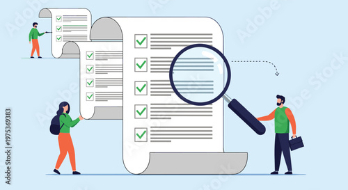 Team of professionals uses a large magnifying glass to inspect and verify items on an oversized checklist document.