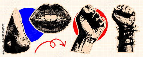 Collage elements set with human nose, lips, and clenched fists raised in protest, vintage punk rock style illustration grid background