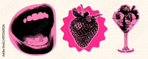 Set of three retro pop art stickers featuring a screaming mouth, a strawberry, and an ice cream sundae in a glass, vibrant pink and black design
