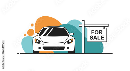 Modern white car is displayed in front of colorful abstract shapes with a prominent for sale sign on a post nearby.