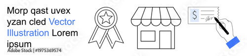 Awards, business branding, retail transactions, e-commerce, payment verification, and small businesses. Star badge, a storefront and a payment slip being signed. Business branding and retail