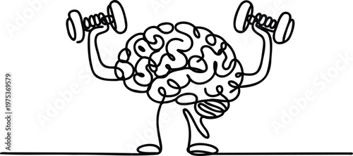 Brain lifting weights in a cartoon drawing style exercise routine