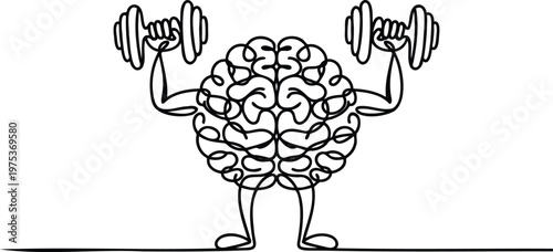 Brain character lifting dumbbells in a cartoon illustration