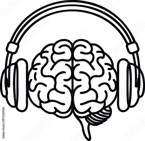 Brain with headphones on listening to music  mental health