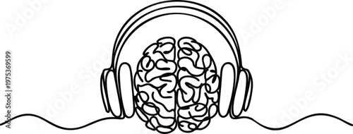 Brain with headphones on listening to music or a podcast