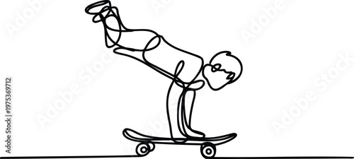 Continuous line drawing of a man skateboarding with a hat on his head