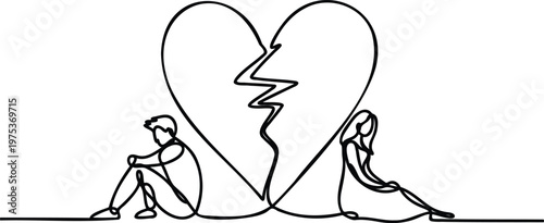 Continuous line drawing of couple sitting on ground with broken heart
