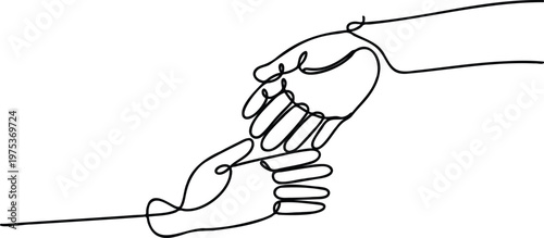 Continuous line drawing of two hands shaking each other tightly