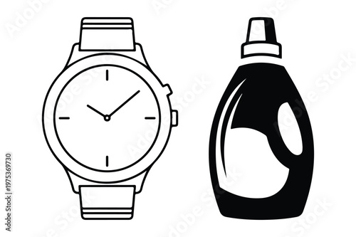 Simple vector icons of wristwatch and detergent bottle with wristwatch, cleaning