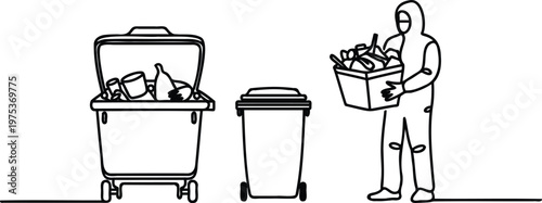 Line drawing of a person holding trash in a box next to bins