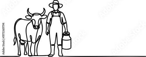 Line drawing of farmer standing next to cow with milk can