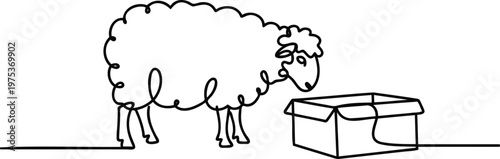 Sheep standing next to an open cardboard box line drawing