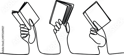 Three hands holding books in different positions from line art