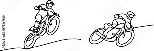 Two bikers riding bicycles on a wavy path outdoors fast  action sports