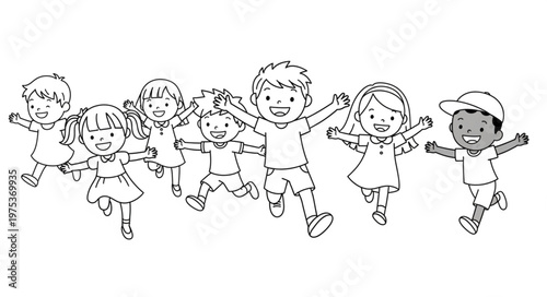 Diverse Group of Happy Children Jumping Together in Joyful Celebration.