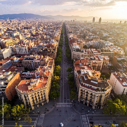 Aerial View of Barcelona Cityscape with Urban Buildings and Street.