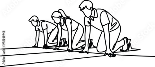 Three runners in starting positions on a track line drawing