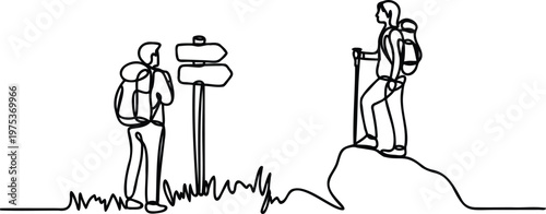 Two hikers with backpacks and trekking poles on mountain peak