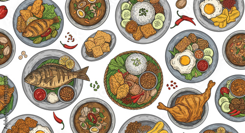Assorted Southeast Asian cuisine dishes with rice fish chicken and vegetables shown in a top down illustration.